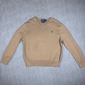 POLO RALPH LAUREN XL Tan V-neck Sweater 100% Pima Cotton Camel
